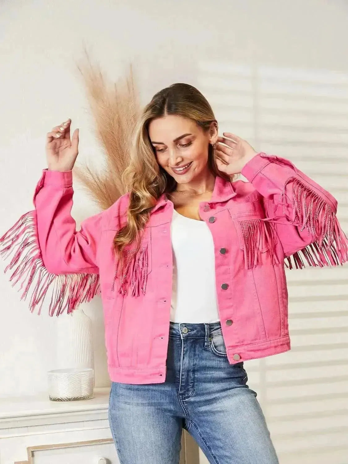 Fringe Detail Dropped Shoulder Denim Jacket - Bad Moms Club