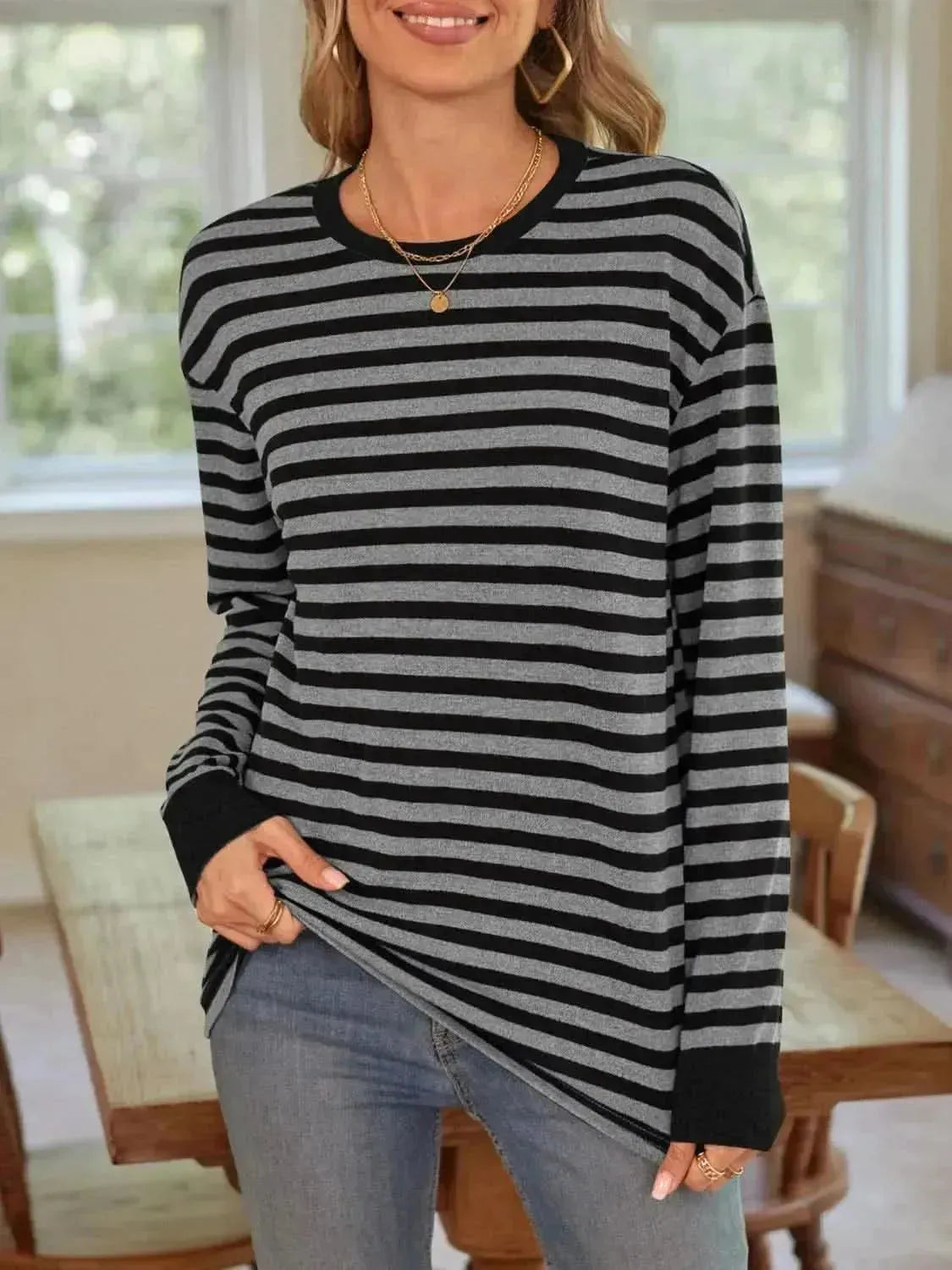 Striped Round Neck Long Sleeve T-Shirt - Bad Moms Club