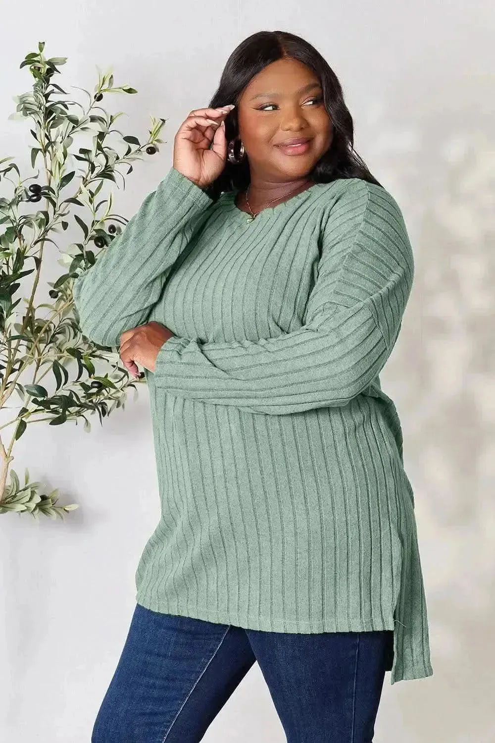 Basic Bae Full Size Ribbed Round Neck Long Sleeve Slit Top - Bad Moms Club