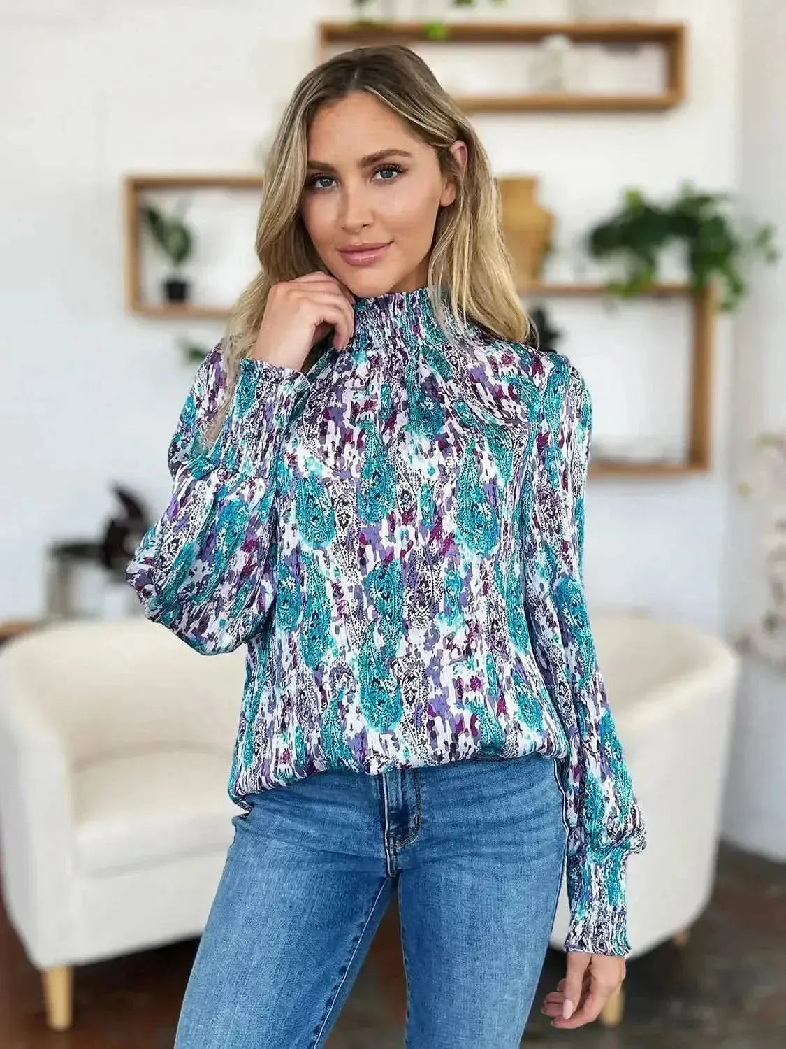 Double Take Full Size Printed Smocked Long Sleeve Blouse - Bad Moms Club