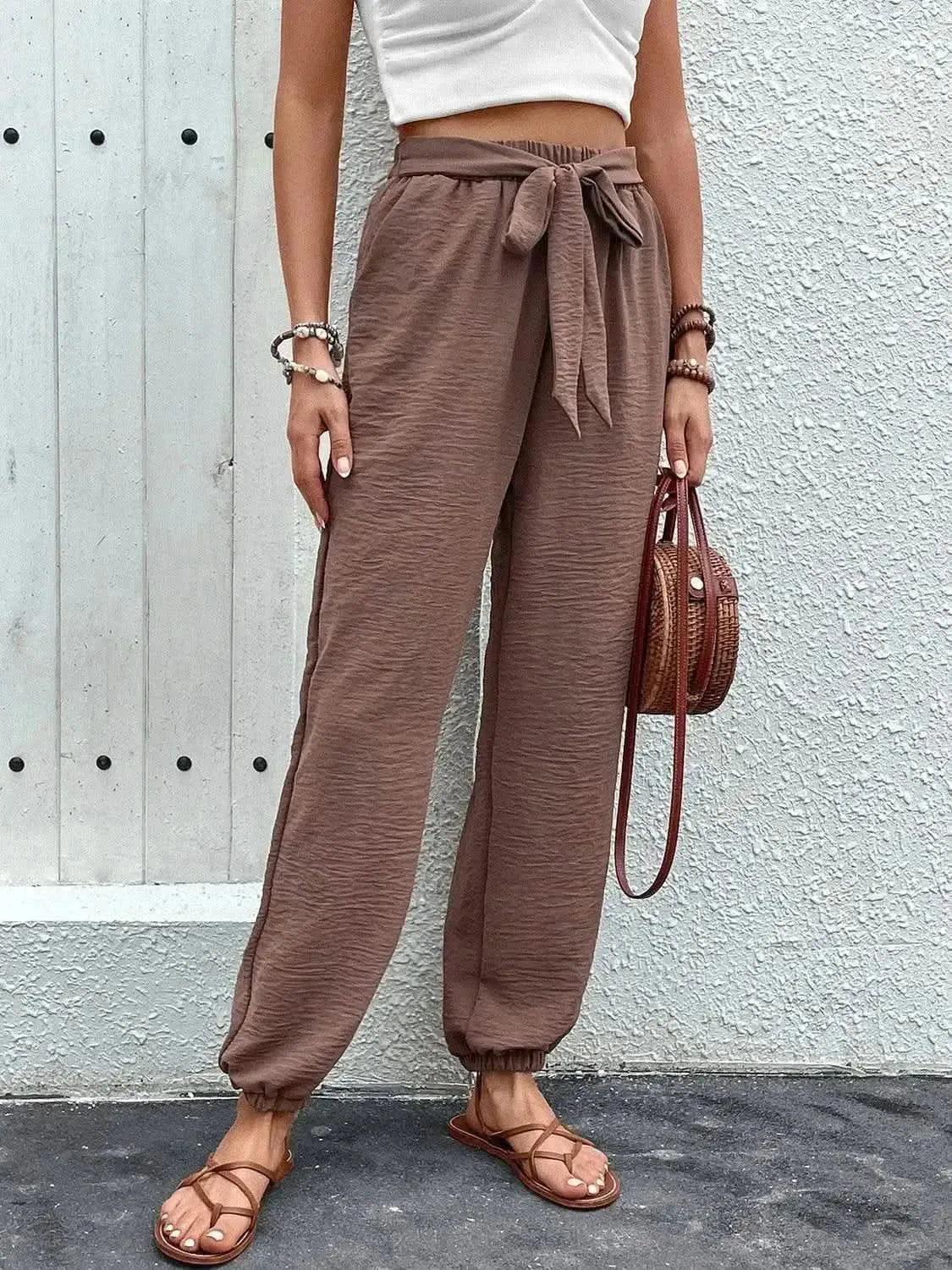 Perfee Tied High Waist Pants with Pockets - Bad Moms Club