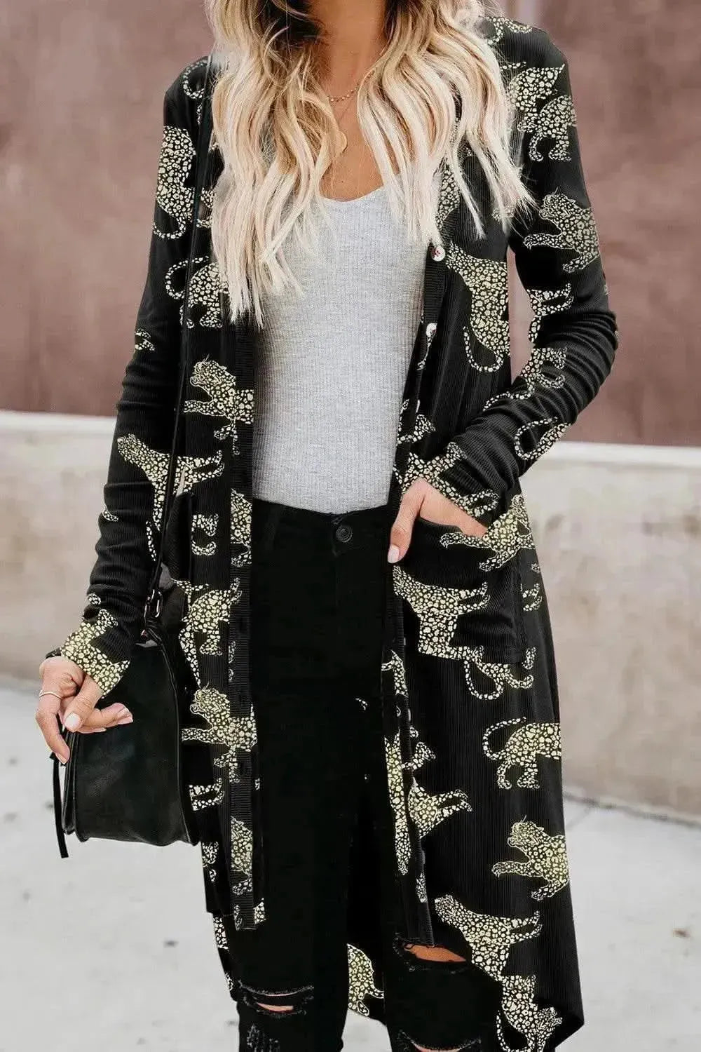 Animal Pattern Ribbed Button Up Long Sleeve Cardigan - Bad Moms Club
