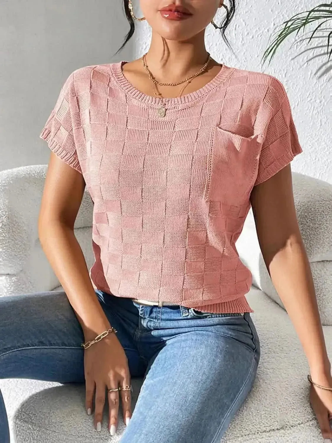 Round Neck Short Sleeve Knit Top - Bad Moms Club
