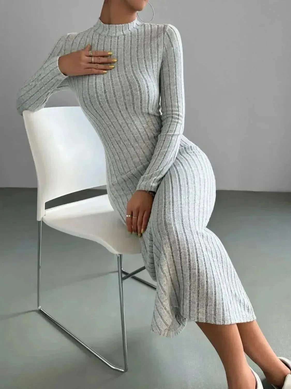 Ribbed Mock Neck Long Sleeve Midi Sweater Dress - Bad Moms Club