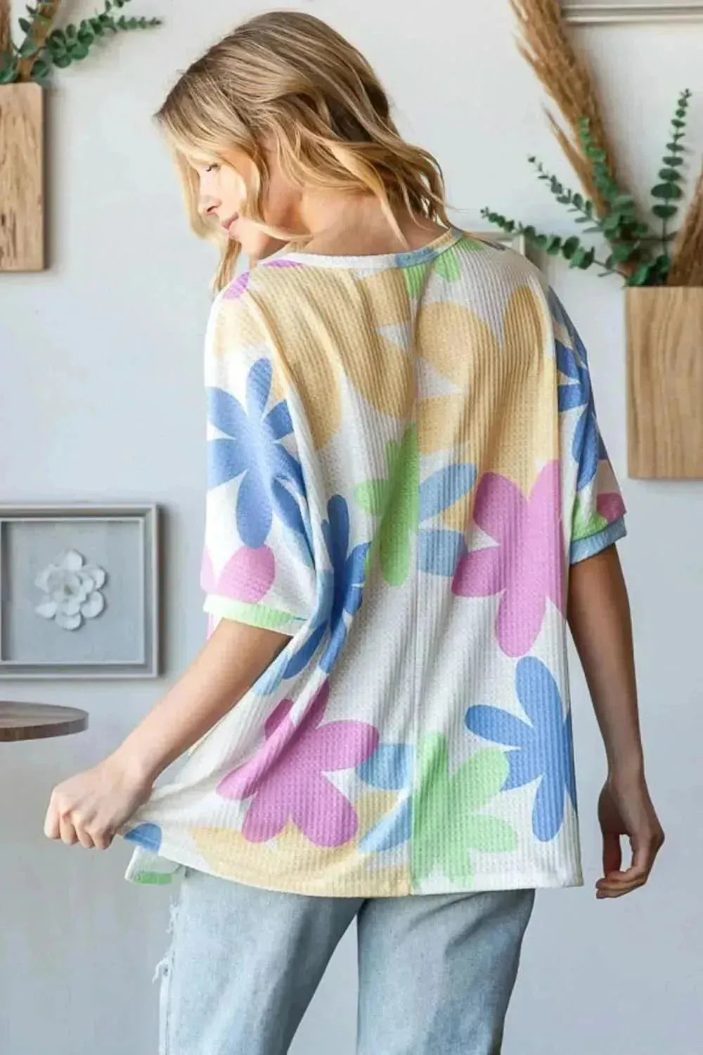 HOPELY Floral Round Neck Waffle T-Shirt - Bad Moms Club