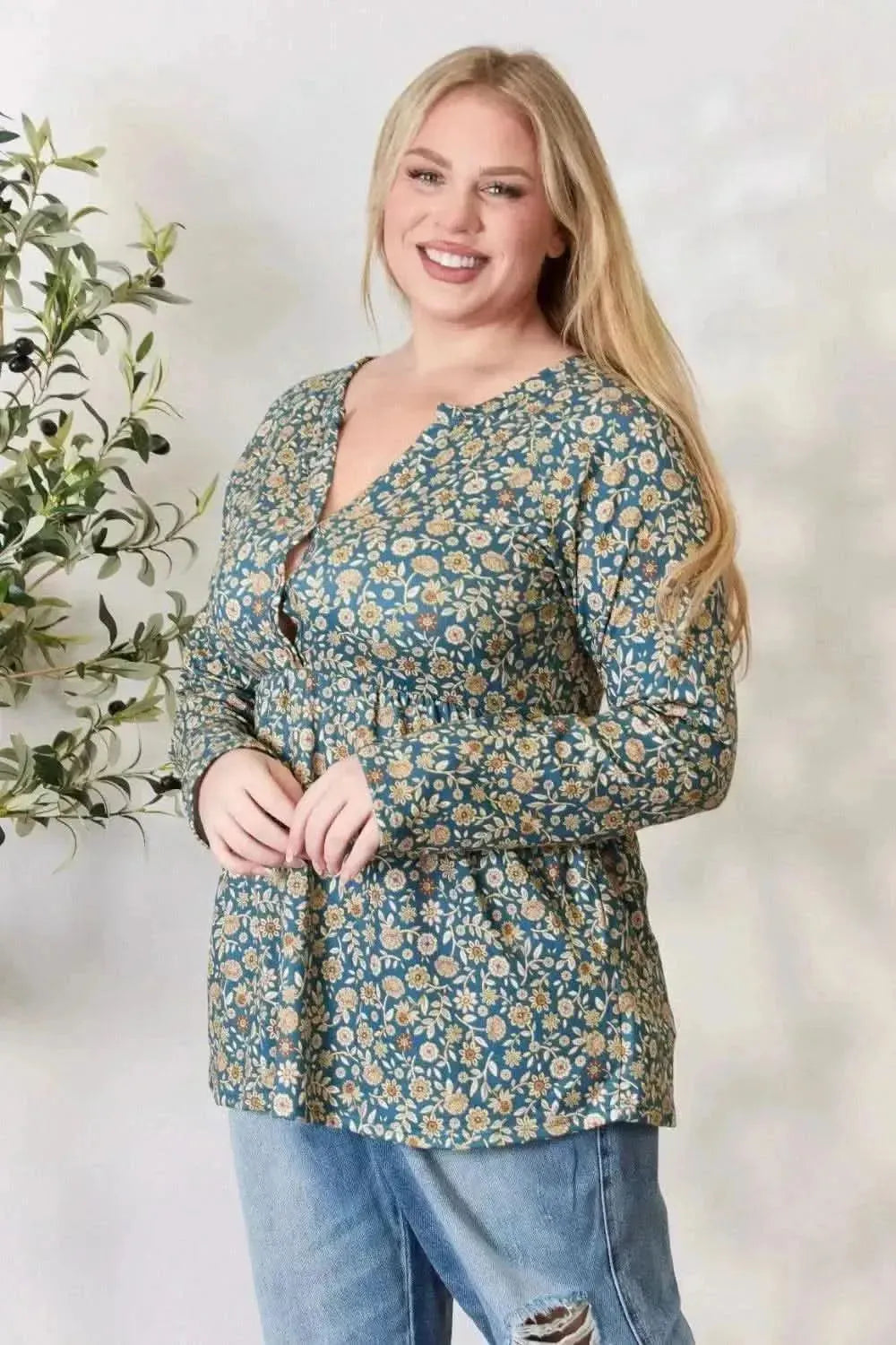 Heimish Full Size Floral Half Button Long Sleeve Blouse - Bad Moms Club