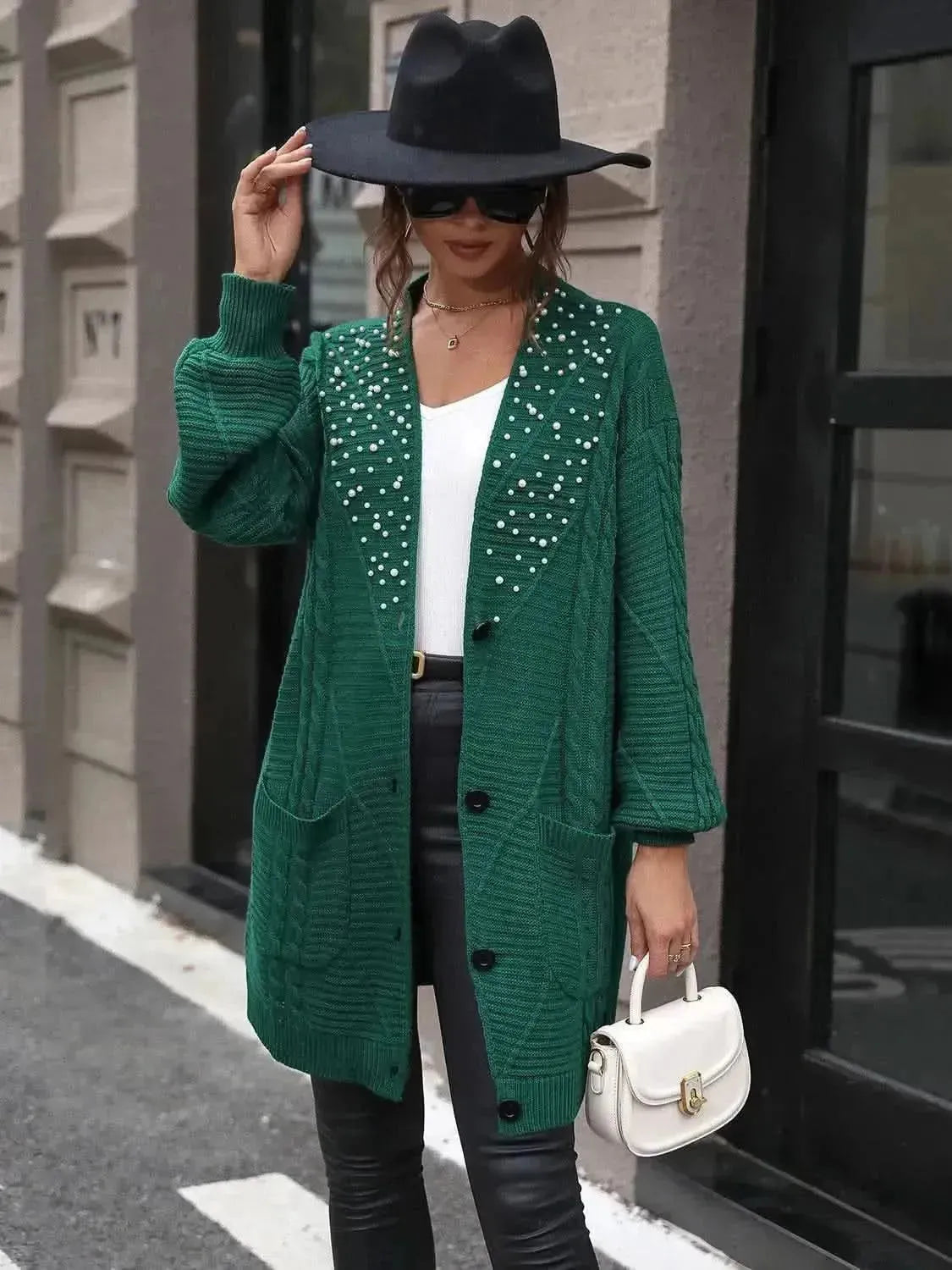 Pearl Detail Cable-Knit Button Up Cardigan - Bad Moms Club