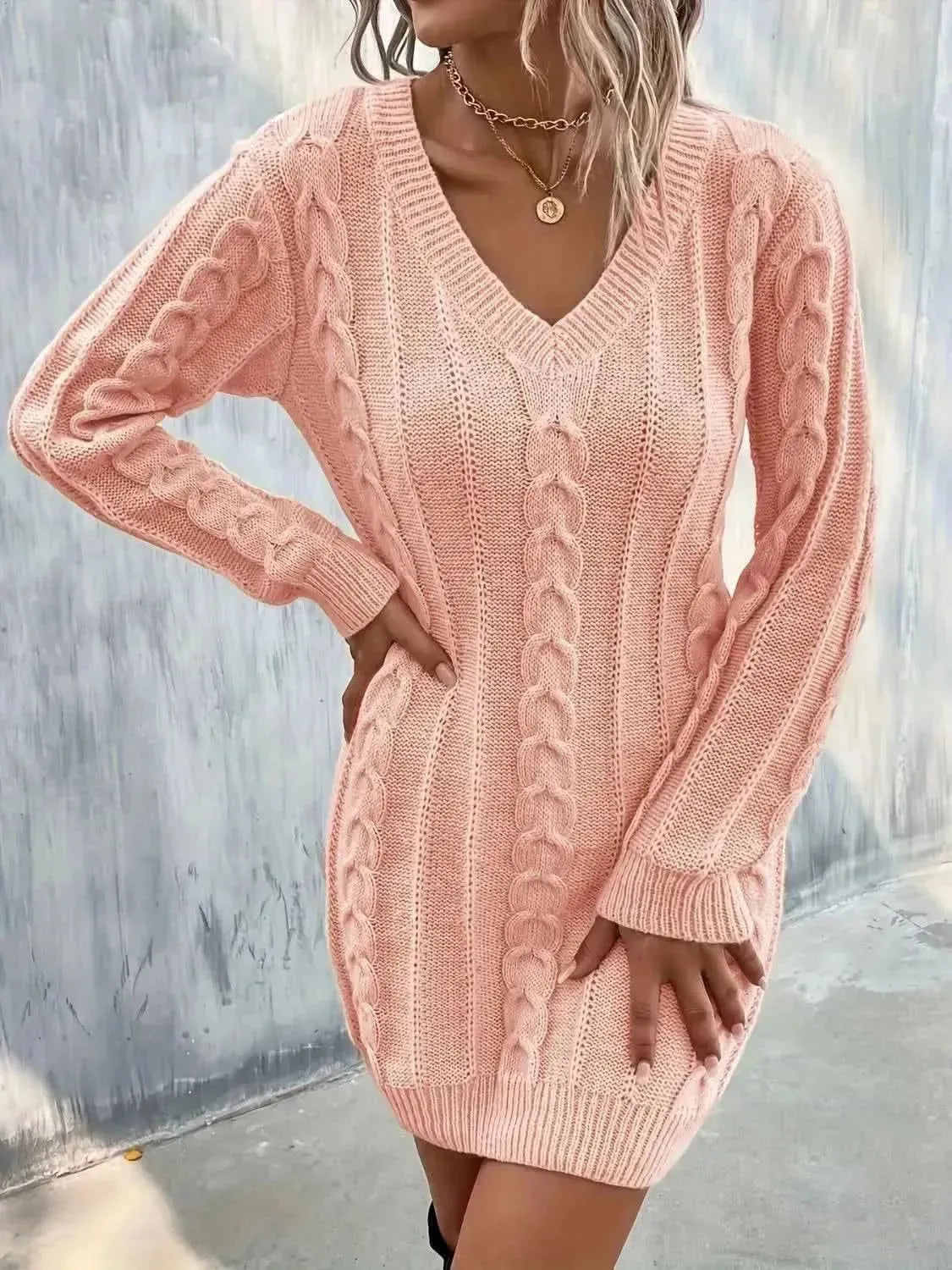 Cable-Knit V-Neck Sweater Dress - Bad Moms Club