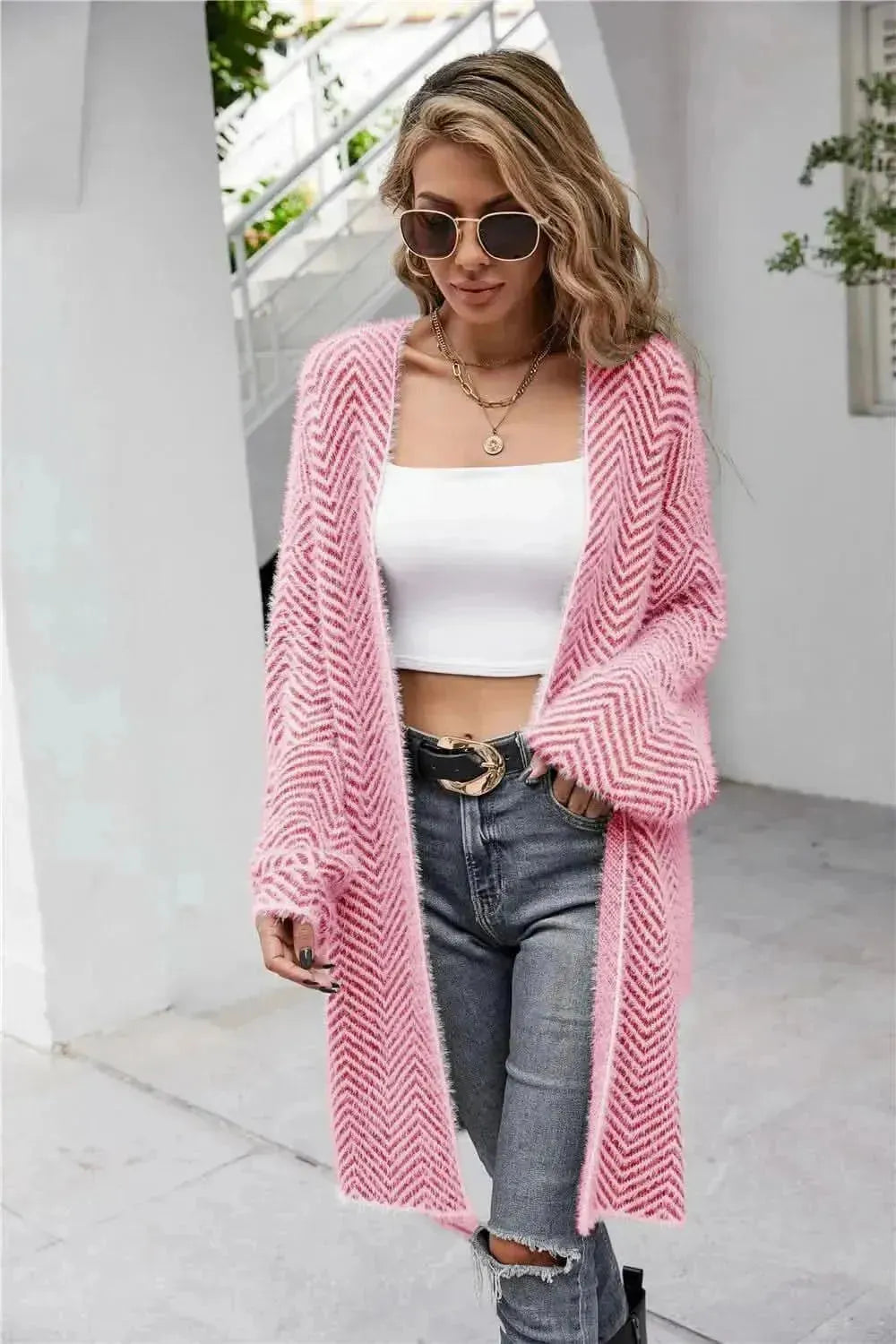 Herringbone Pattern Open Front Longline Fuzzy Cardigan - Bad Moms Club