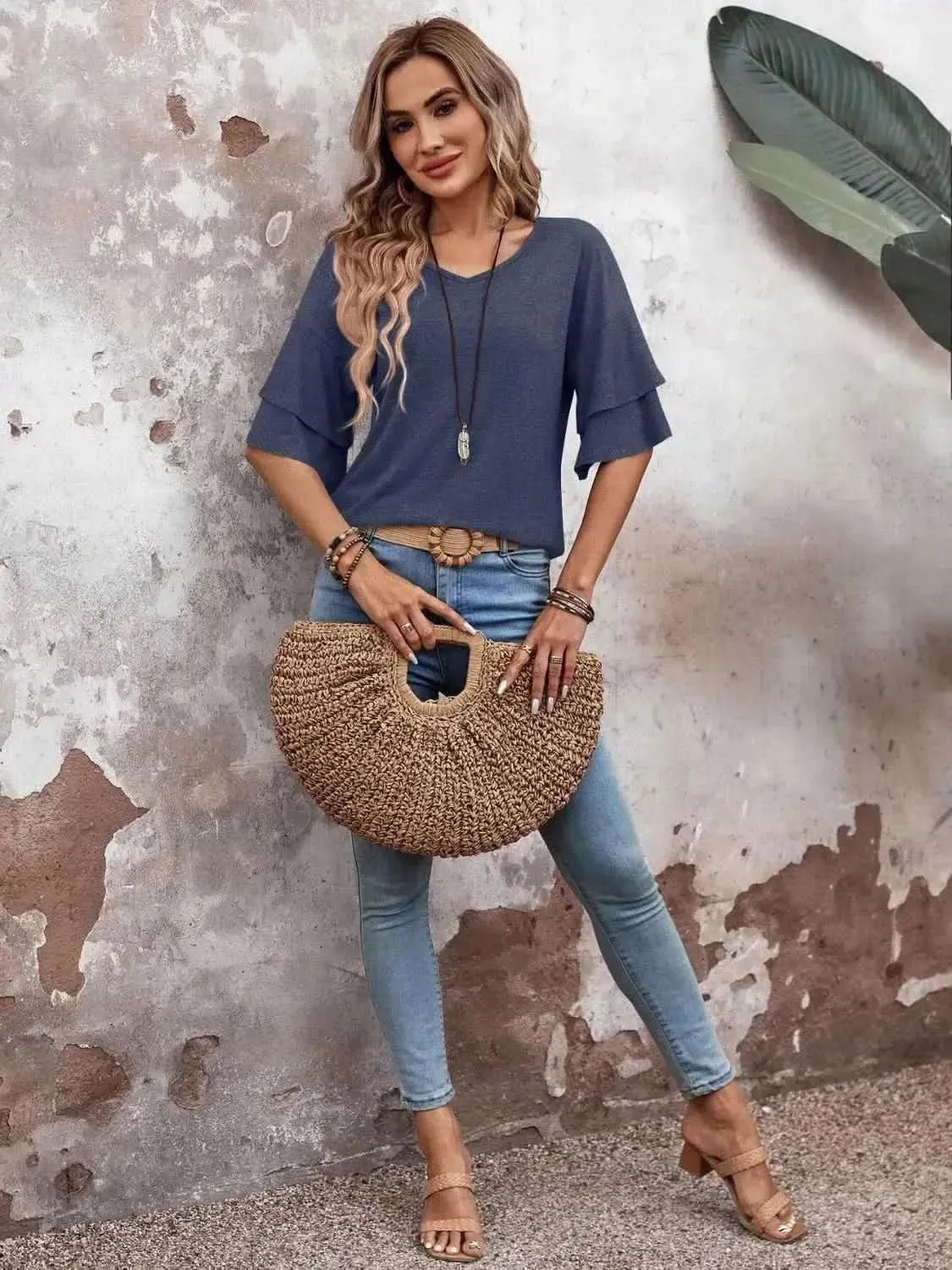 V-Neck Half Sleeve Blouse - Bad Moms Club