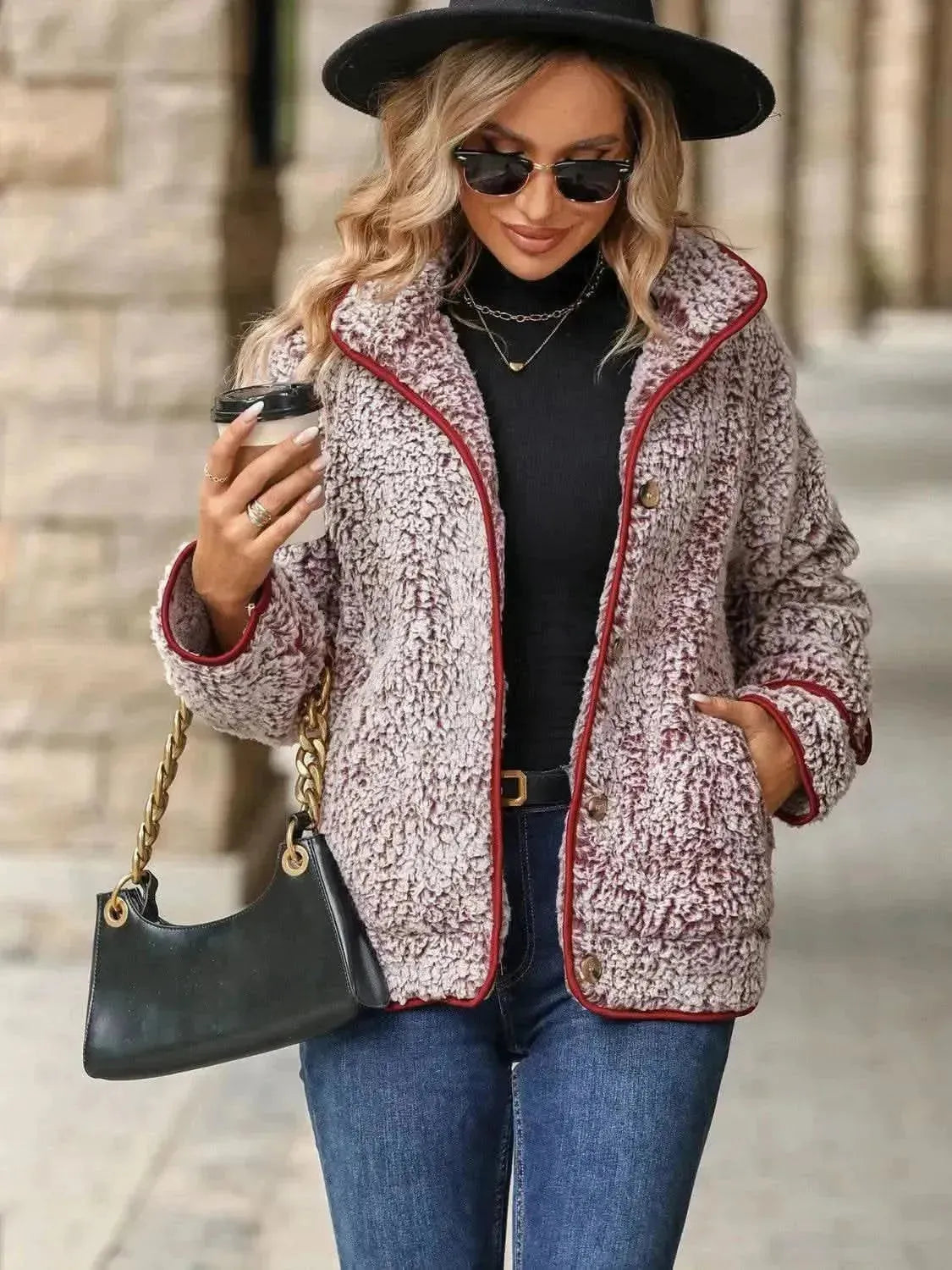 Fuzzy Pocketed Button Up Jacket - Bad Moms Club