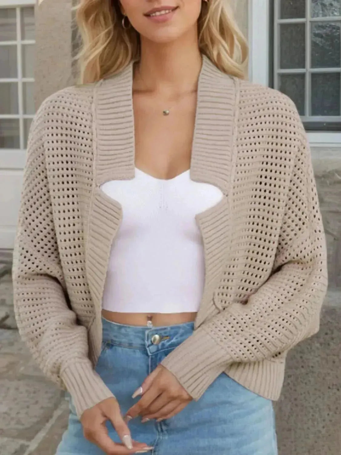 Openwork Open Front Long Sleeve Cardigan - Bad Moms Club