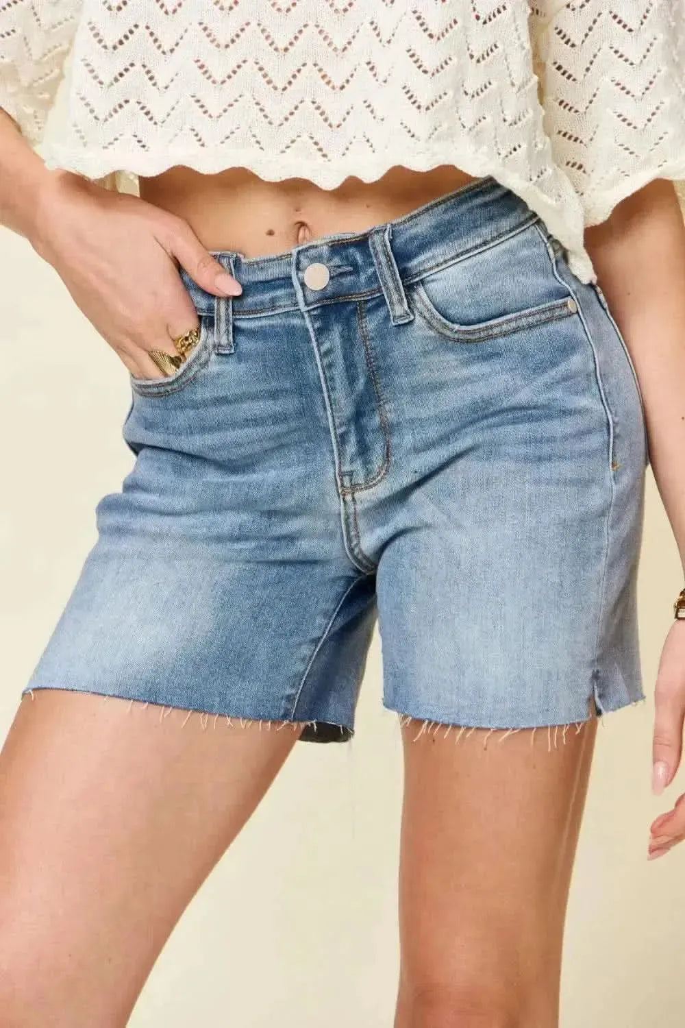 Judy Blue Full Size High Waist Raw Hem Denim Shorts - Bad Moms Club