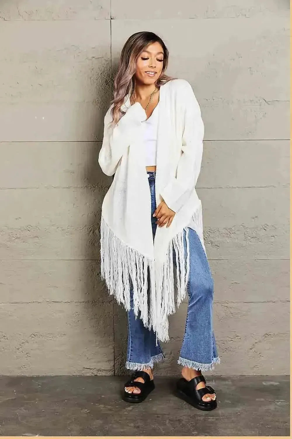 Fringe Hem Open Front Ribbed Trim Cardigan - Bad Moms Club