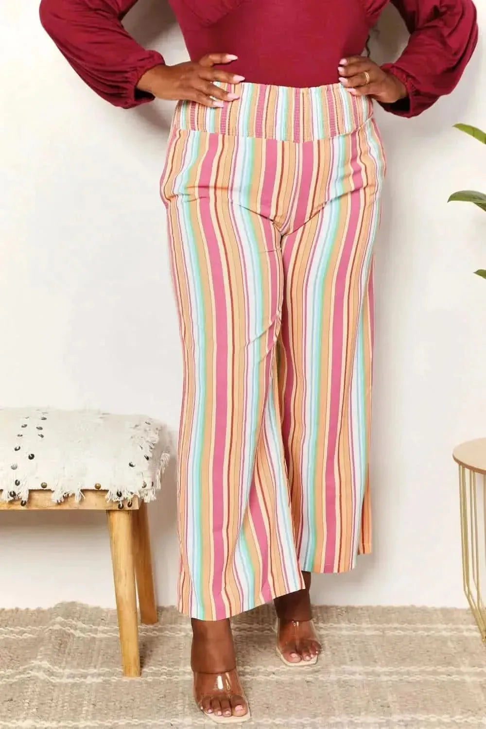 Double Take Striped Smocked Waist Pants with Pockets - Bad Moms Club