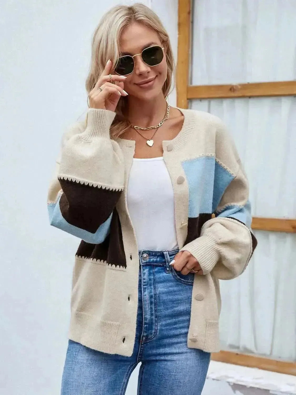 Color Block Button Up Lantern Sleeve Cardigan - Bad Moms Club
