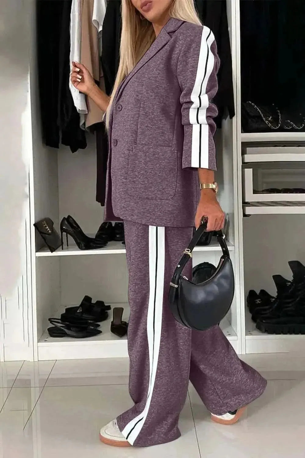 Full Size Contrast Lapel Collar Top and Pants Set - Bad Moms Club