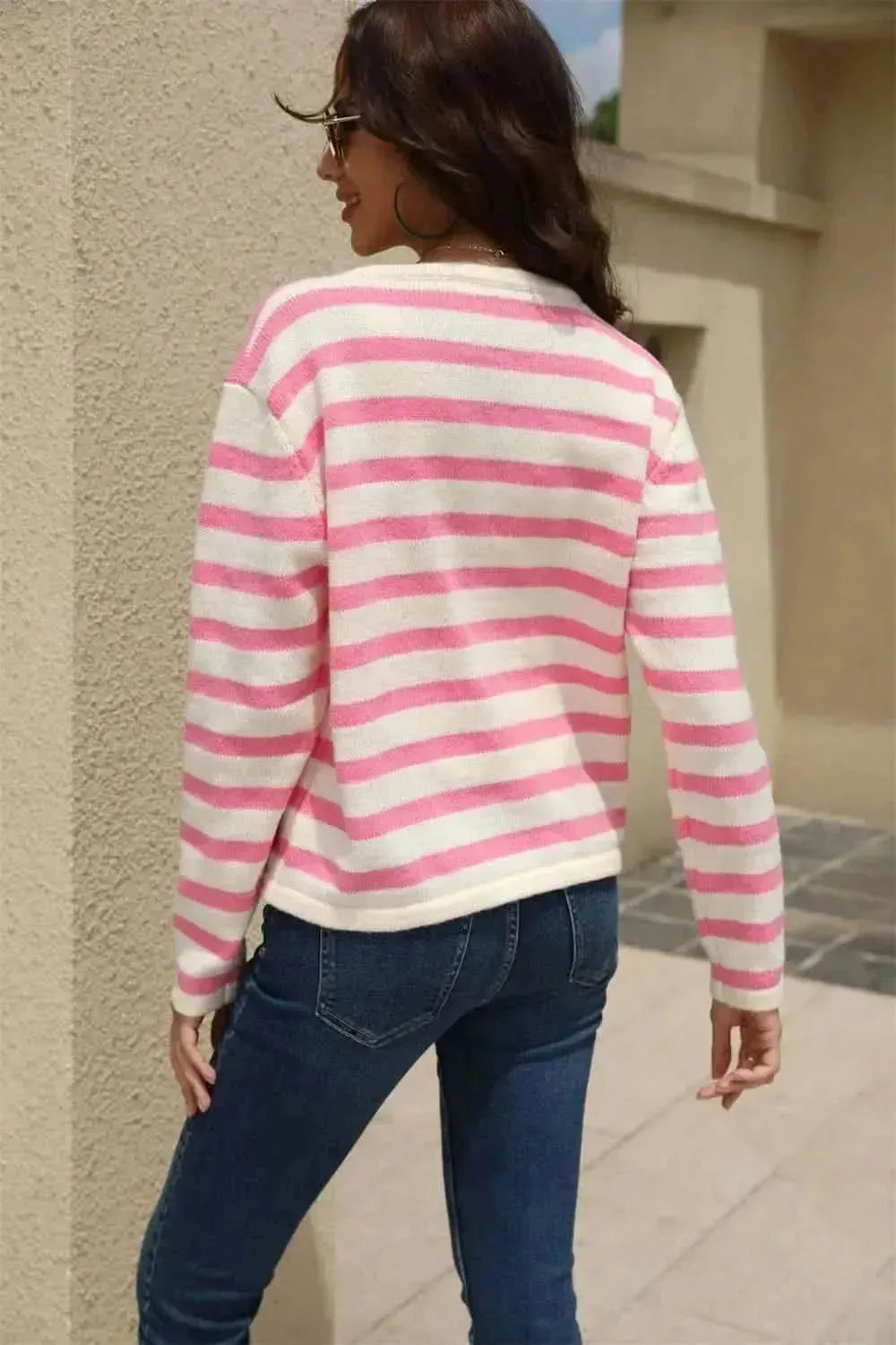 Striped Round Neck Button-Down Dropped Shoulder Cardigan - Bad Moms Club
