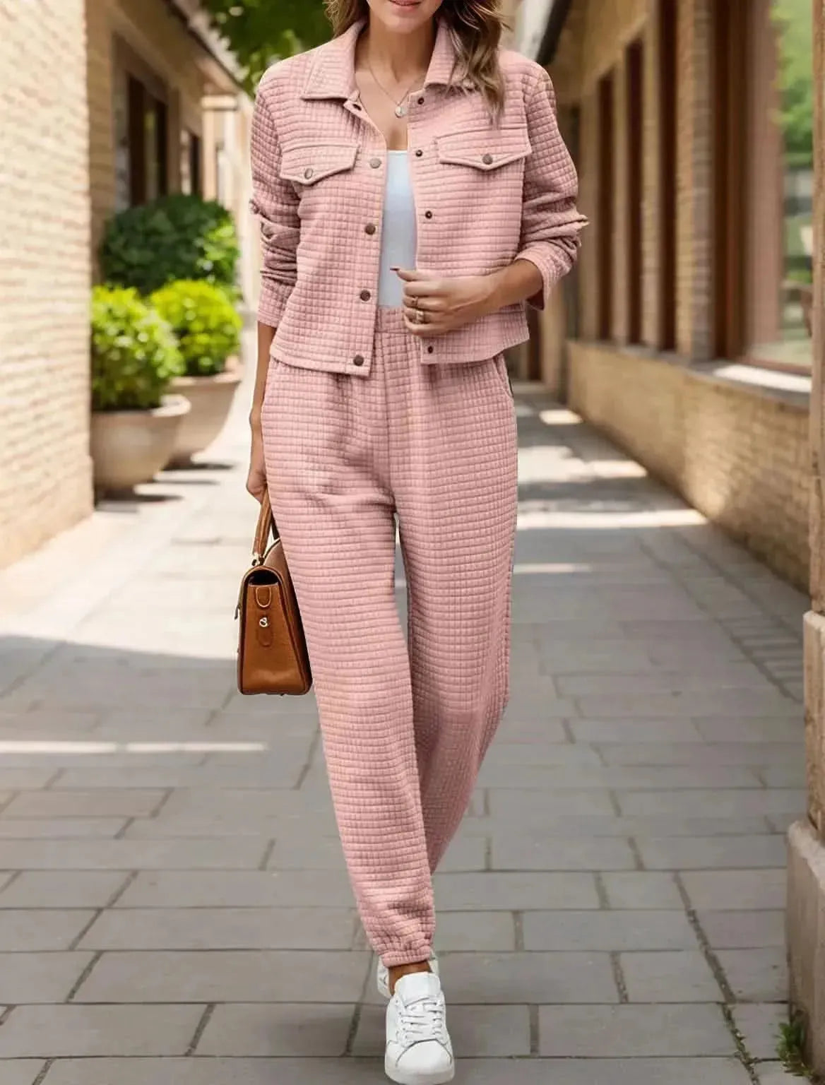 Plaid Texture Snap Down Top and Pants Set - Bad Moms Club
