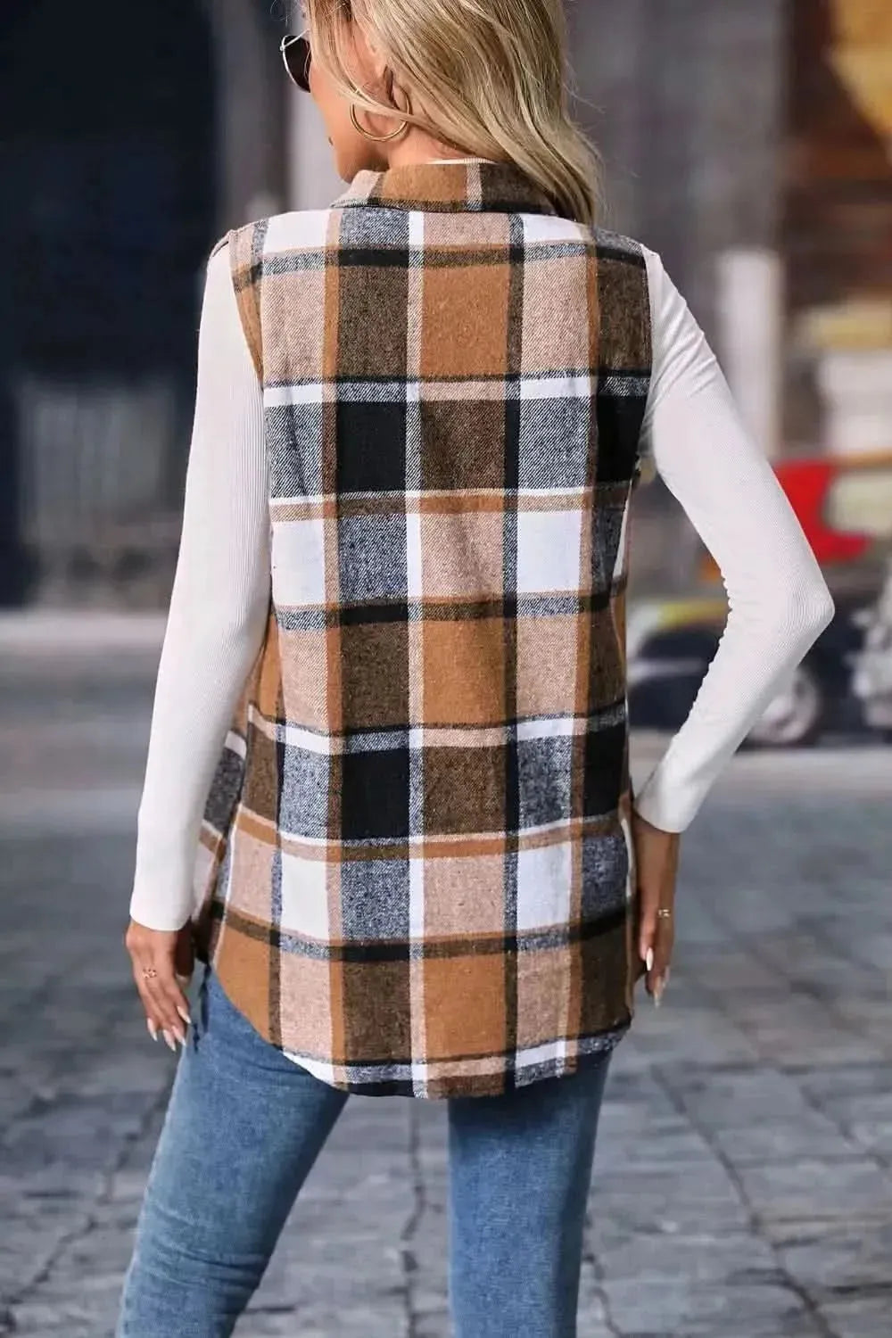 Plaid Button Up Vest Coat - Bad Moms Club