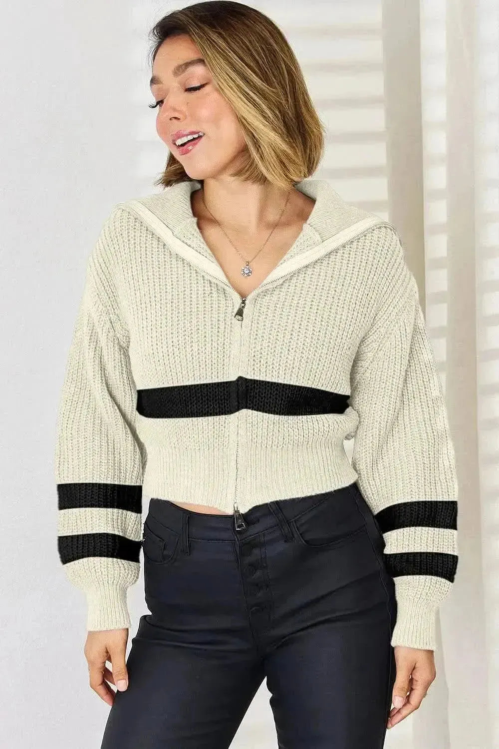 Striped Zip Up Dropped Shoulder Cardigan - Bad Moms Club