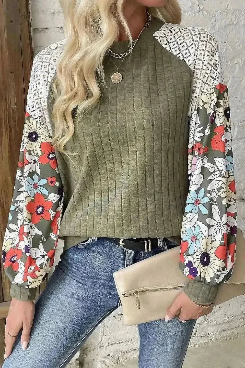 Printed Round Neck Long Sleeve Top - Bad Moms Club