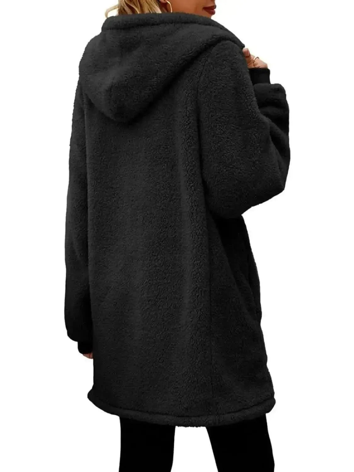 Fuzzy Pocketed Zip Up Long Sleeve Hooded Jacket - Bad Moms Club