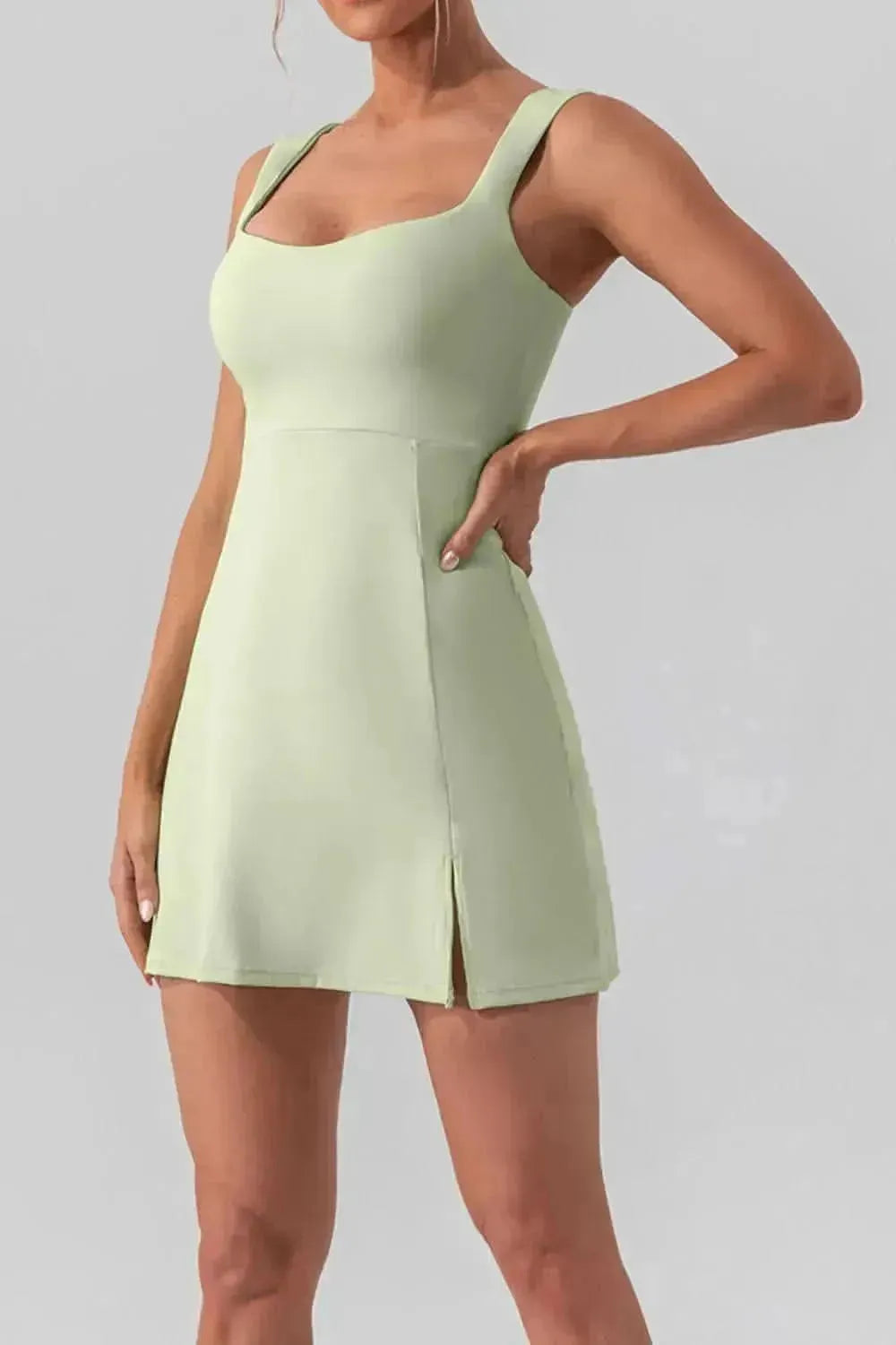 Square Neck Sleeveless Slit Mini Active Dress - Bad Moms Club