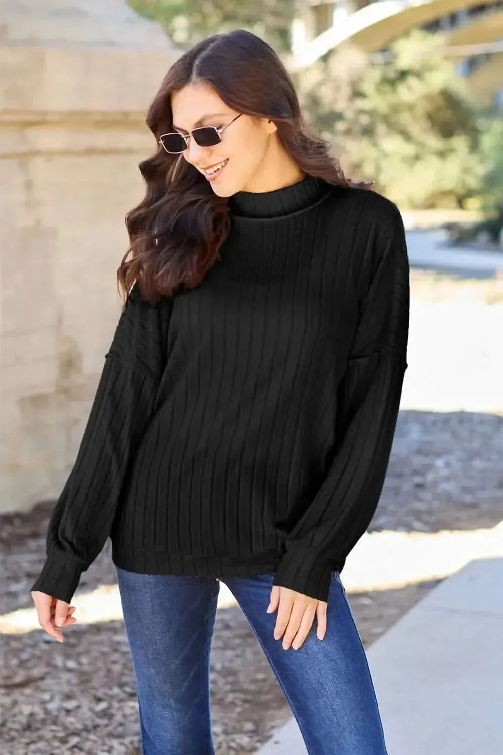 Basic Bae Full Size Ribbed Exposed Seam Mock Neck Knit Top - Bad Moms Club