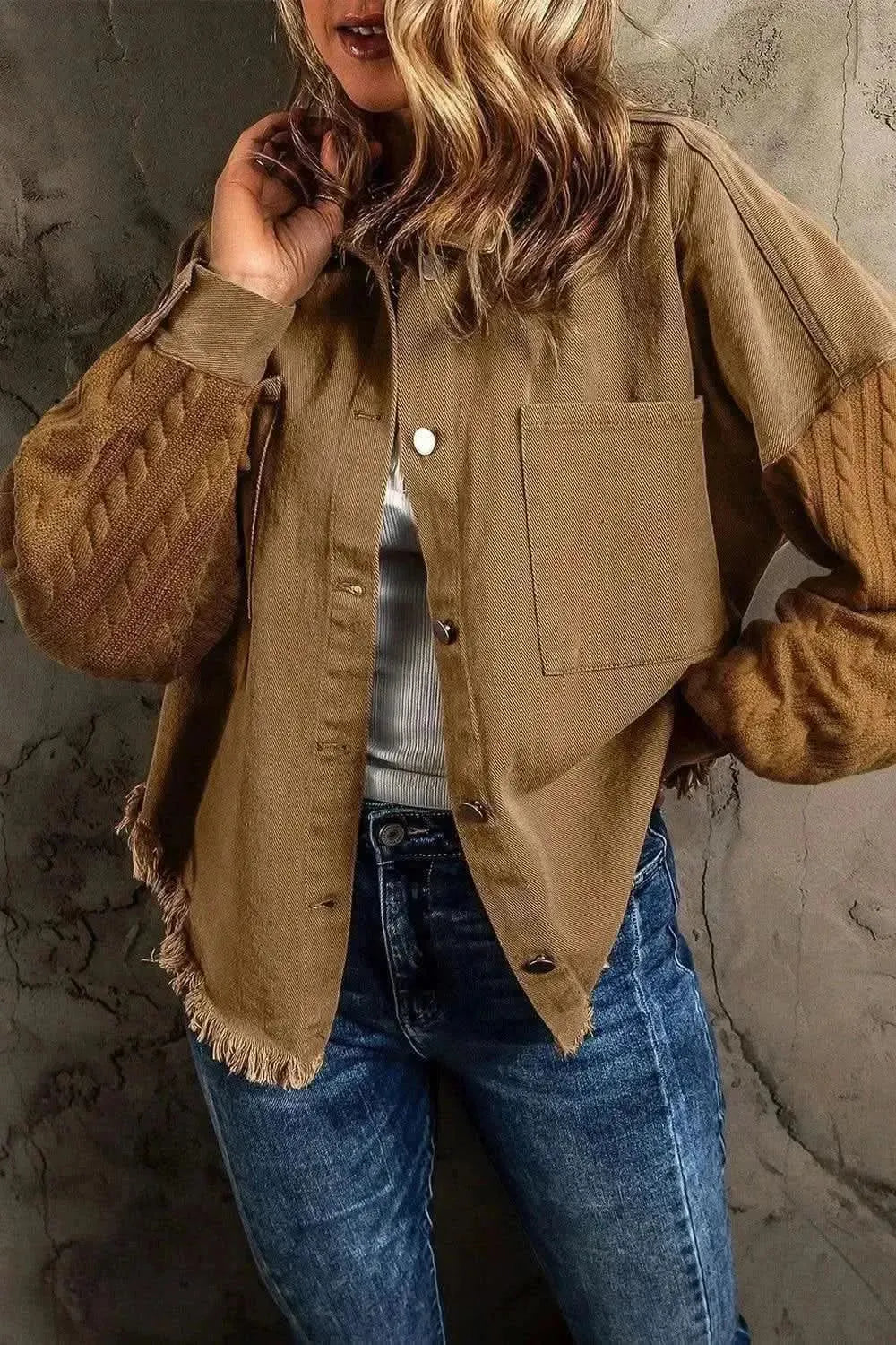 Pocketed Button Up Raw Hem Denim Jacket - Bad Moms Club
