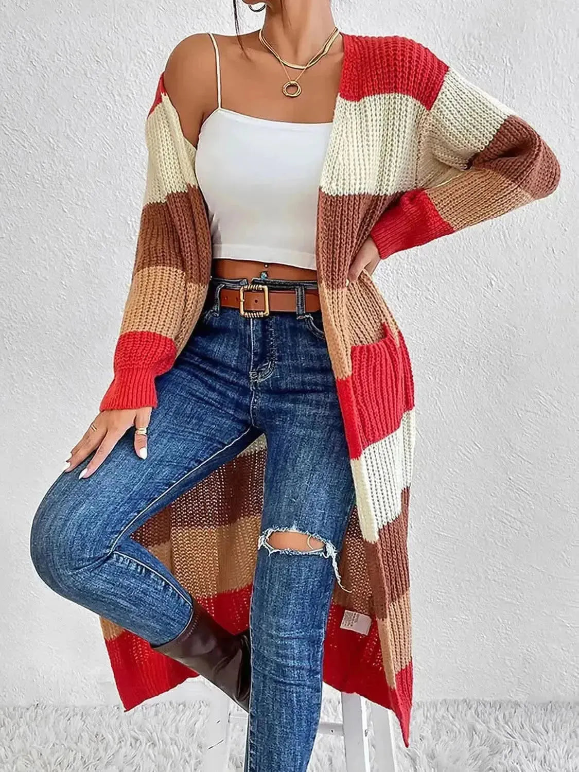 Color Block Open Front Longline Cardigan - Bad Moms Club