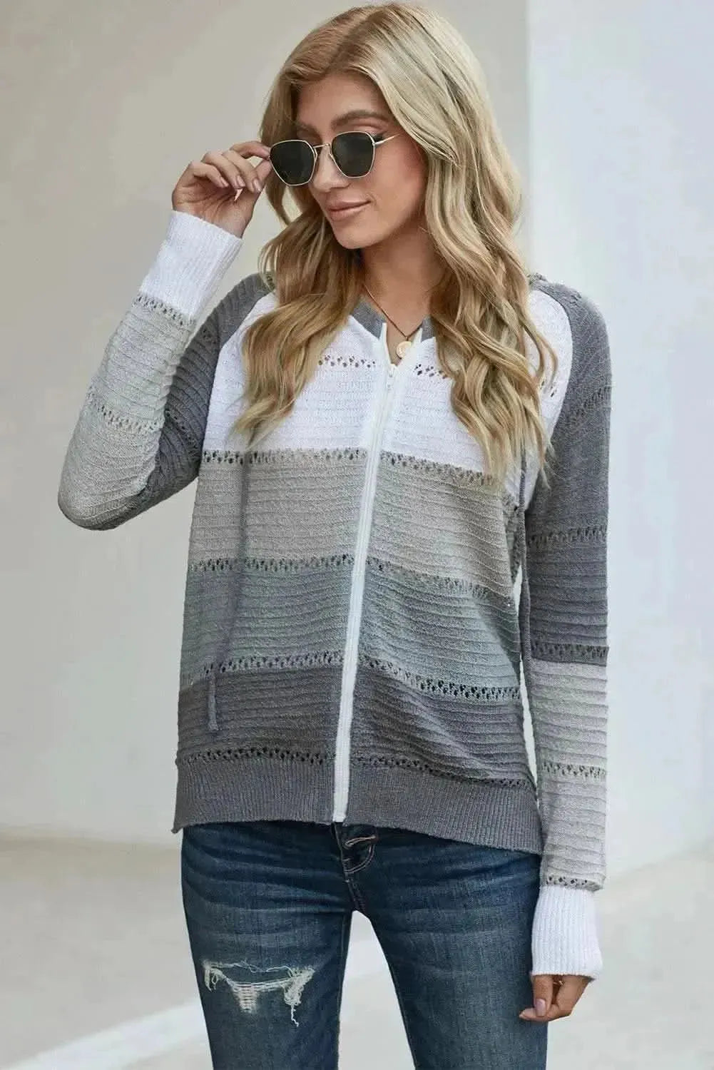 Zip-Up Raglan Sleeve Openwork Hooded Cardigan - Bad Moms Club