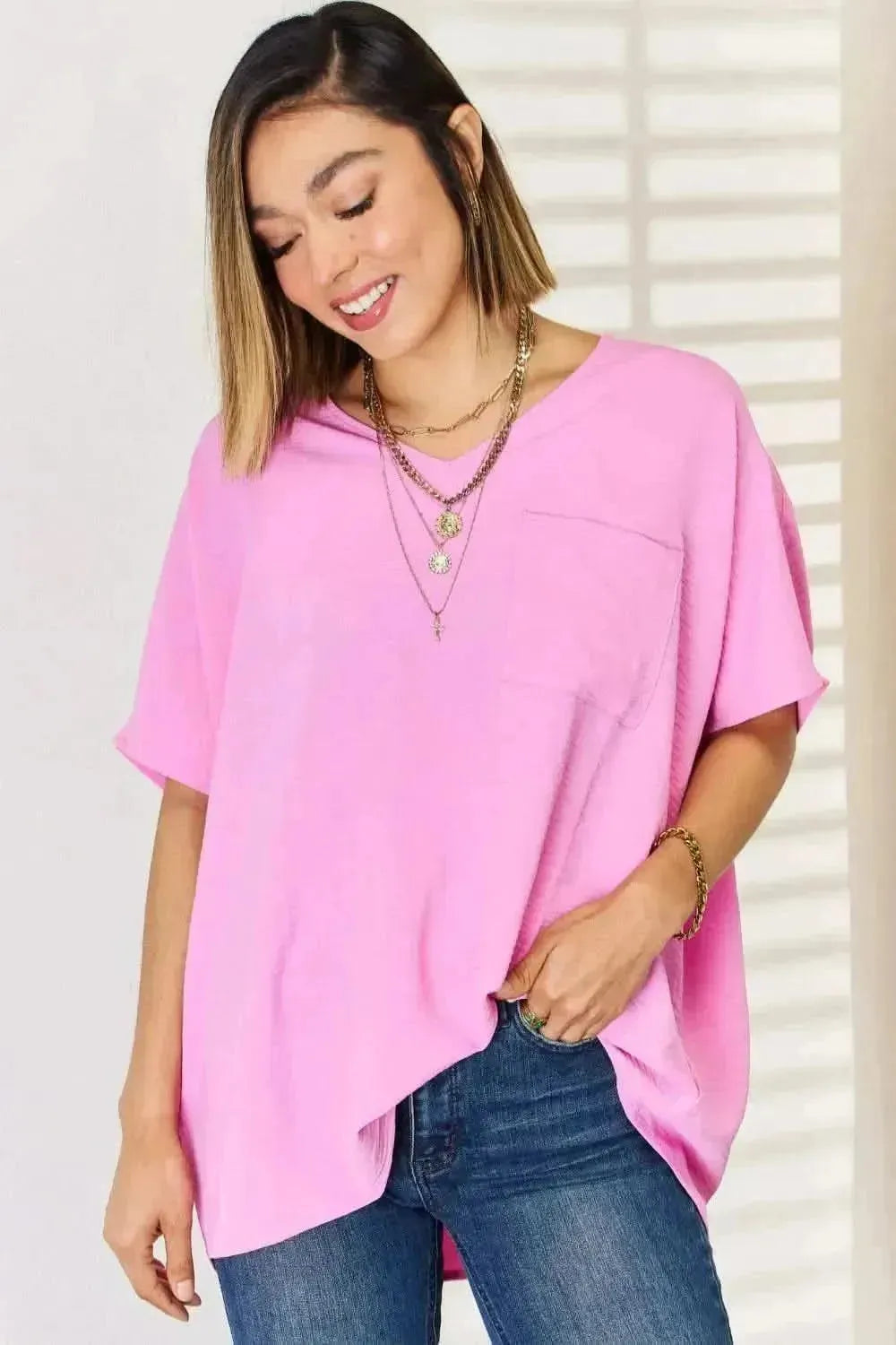 Zenana Texture Short Sleeve Blouse - Bad Moms Club
