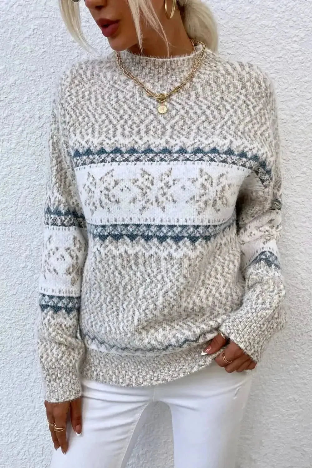 Snowflake Pattern Mock Neck Sweater - Bad Moms Club