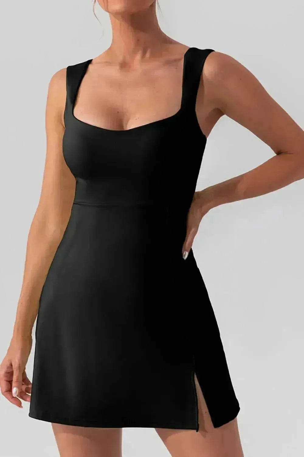 Square Neck Sleeveless Slit Mini Active Dress - Bad Moms Club