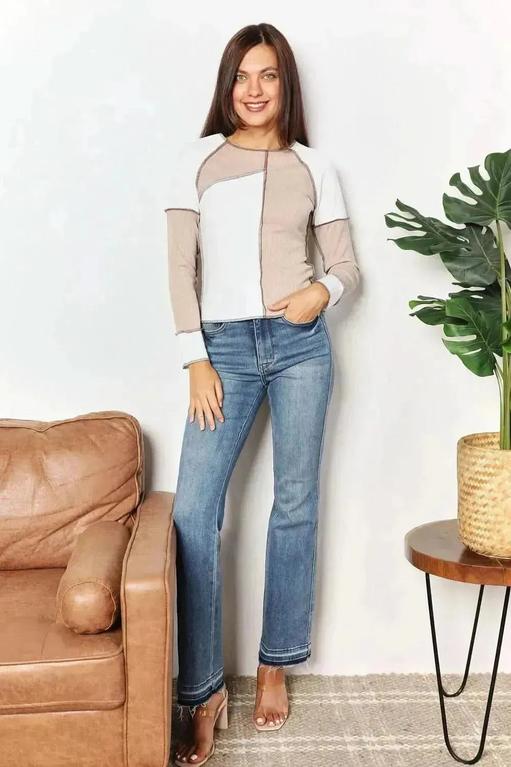 Double Take Color Block Exposed Seam Top - Bad Moms Club
