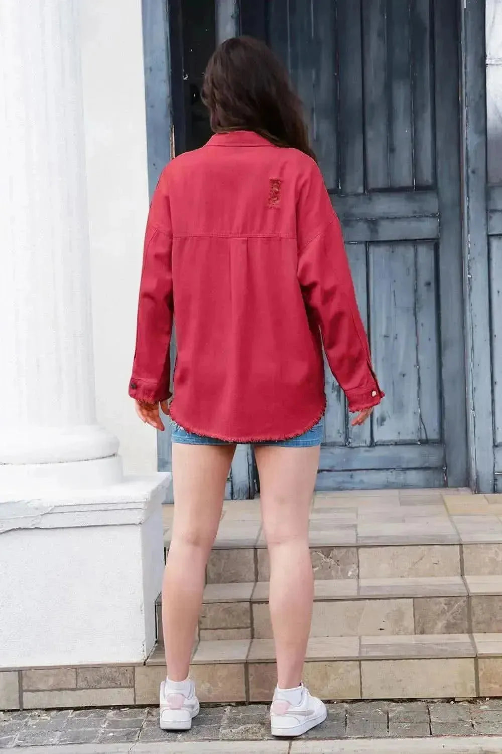 Distressed Button Up Raw Hem Denim Jacket - Bad Moms Club