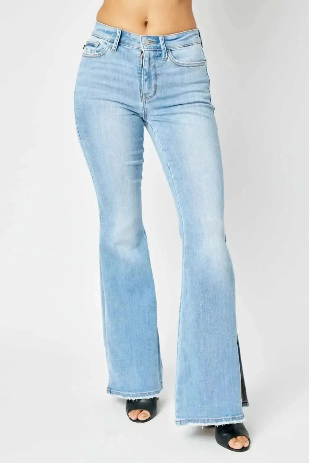 Judy Blue Full Size Mid Rise Raw Hem Slit Flare Jeans - Bad Moms Club