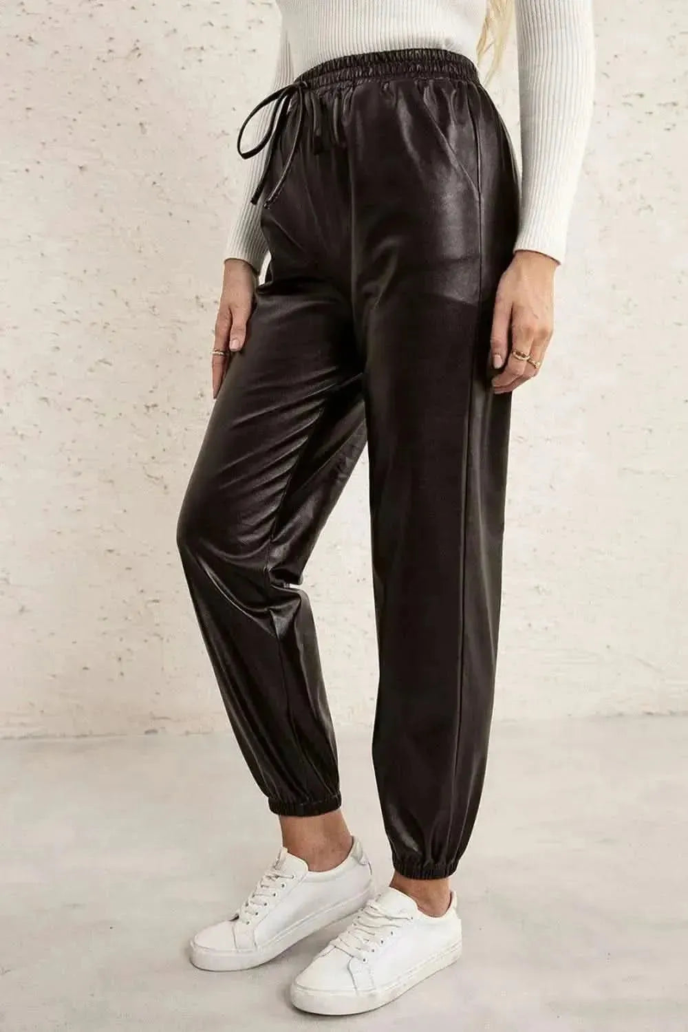 Ivy Lane Elastic Waist PU Leather Joggers - Bad Moms Club