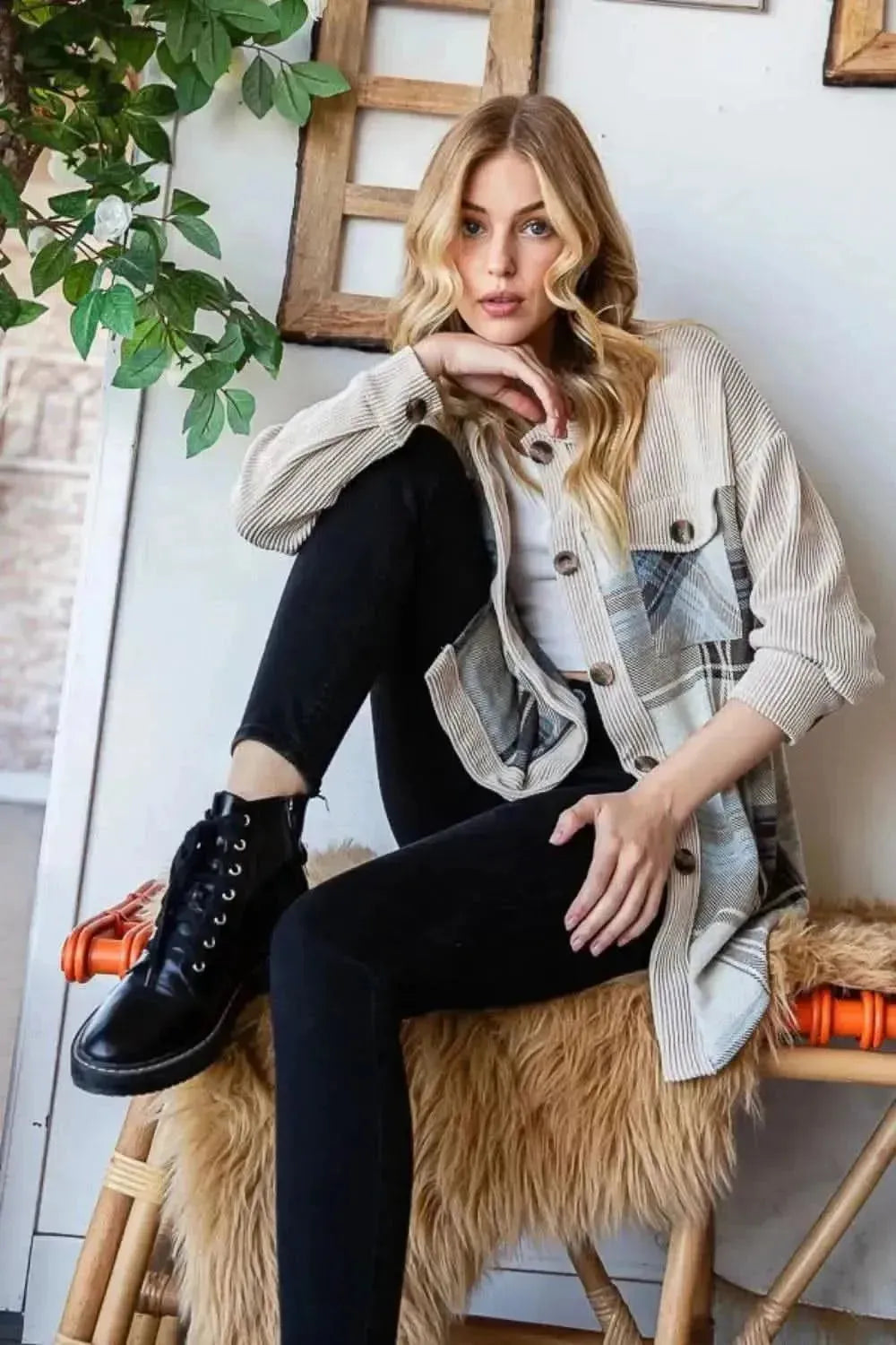 Reborn J Plaid Button Up Long Sleeve Shacket - Bad Moms Club