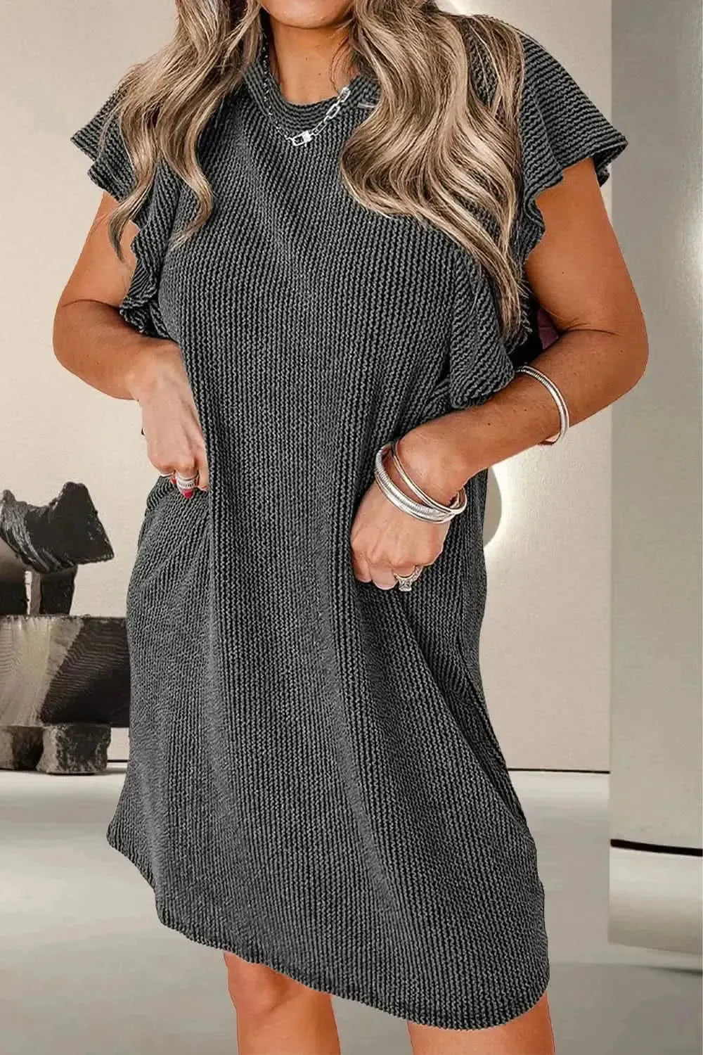 Textured Ruffled Round Neck Cap Sleeve Dress - Bad Moms Club