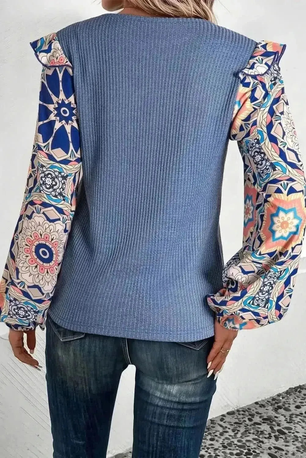 Ruffled Printed Round Neck Long Sleeve Top - Bad Moms Club