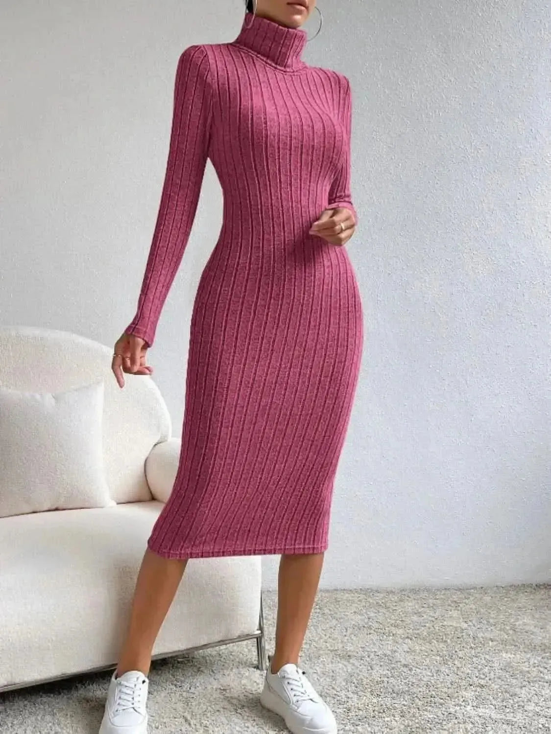 Turtleneck Long Sleeve Midi Sweater Dress - Bad Moms Club