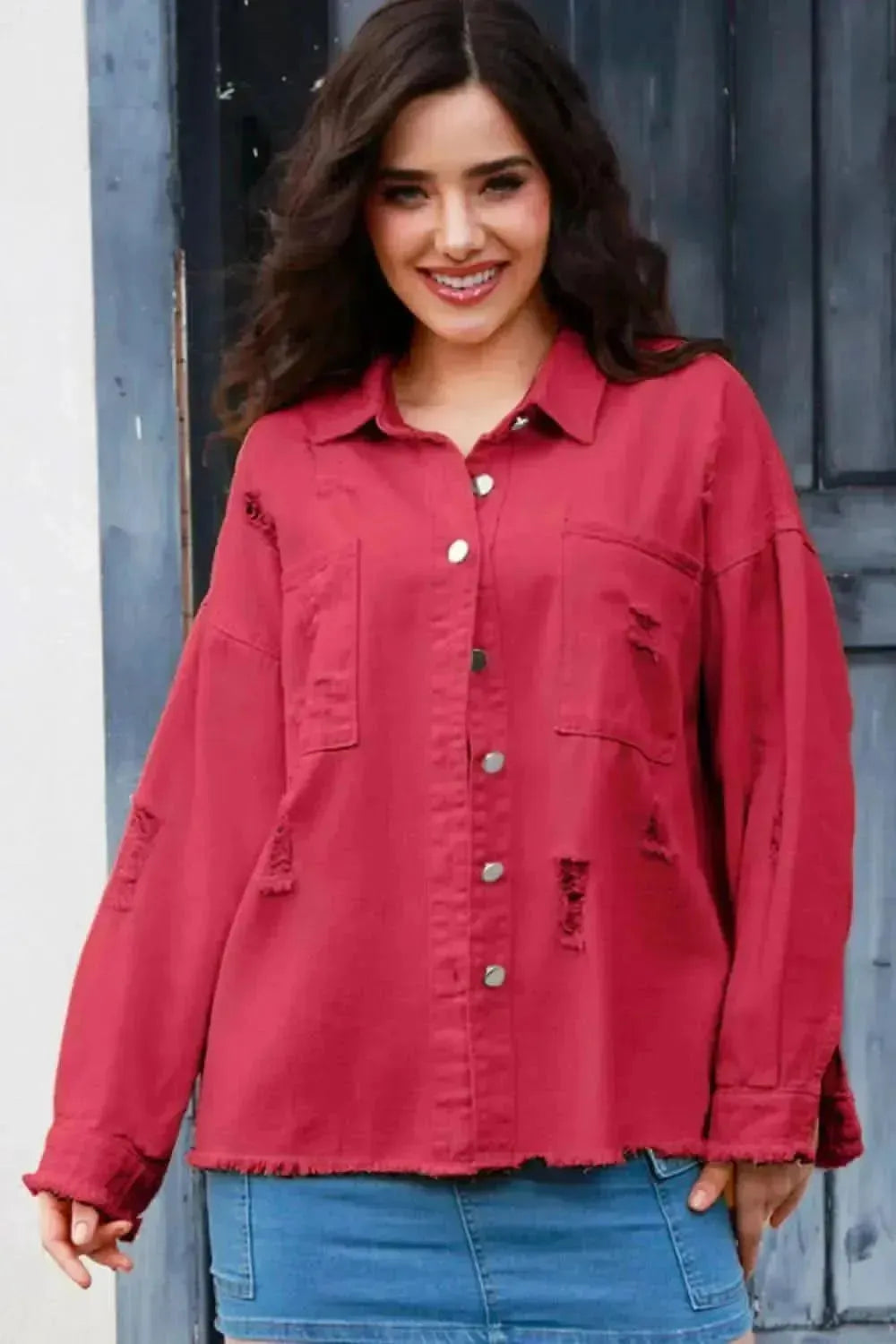 Distressed Button Up Raw Hem Denim Jacket - Bad Moms Club