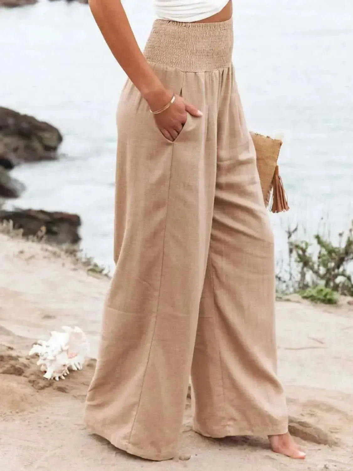 Full Size Smocked Waist Wide Leg Pants - Bad Moms Club