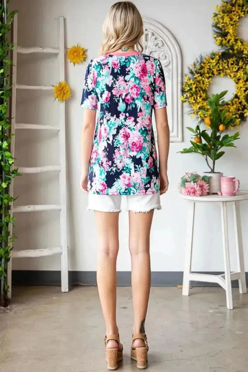 Heimish Full Size Floral V-Neck Short Sleeve T-Shirt - Bad Moms Club