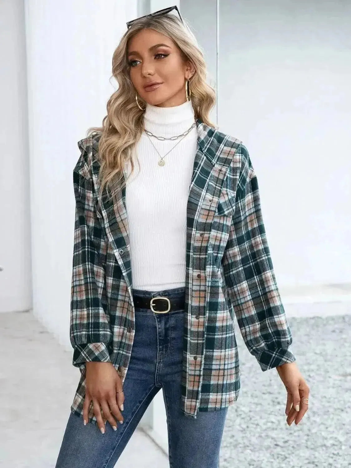 Plaid Snap Down Hooded Jacket - Bad Moms Club
