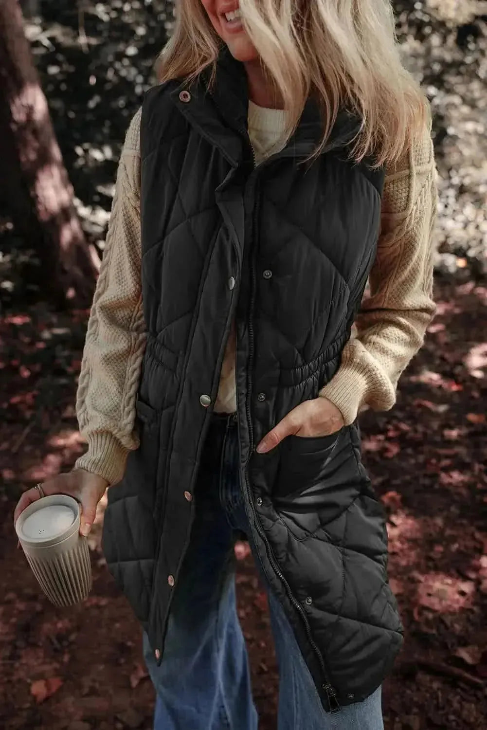 Pocketed Zipper and Button Vest Coat - Bad Moms Club