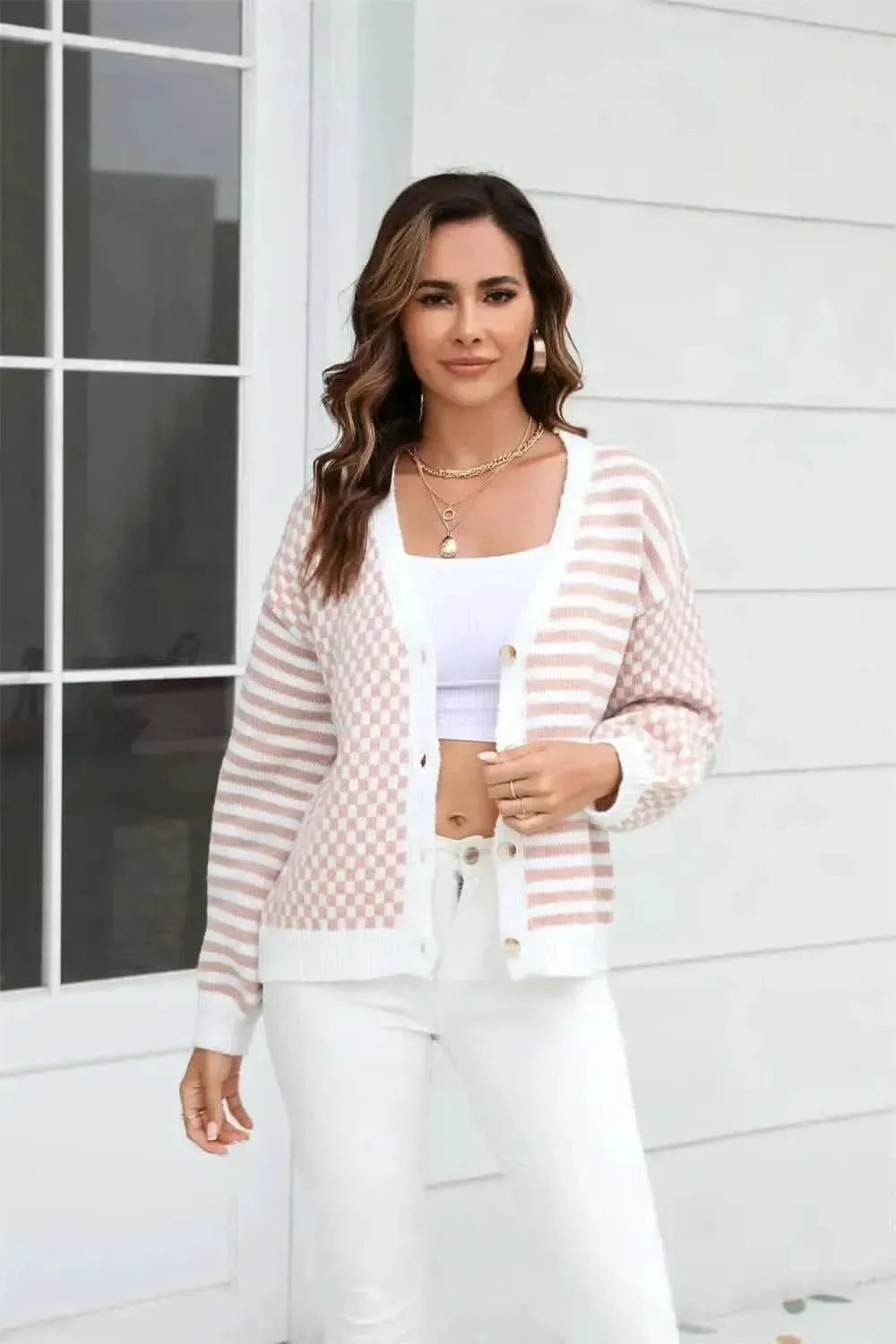 Button-Down Stripe & Plaid Contrast Pattern Cardigan - Bad Moms Club