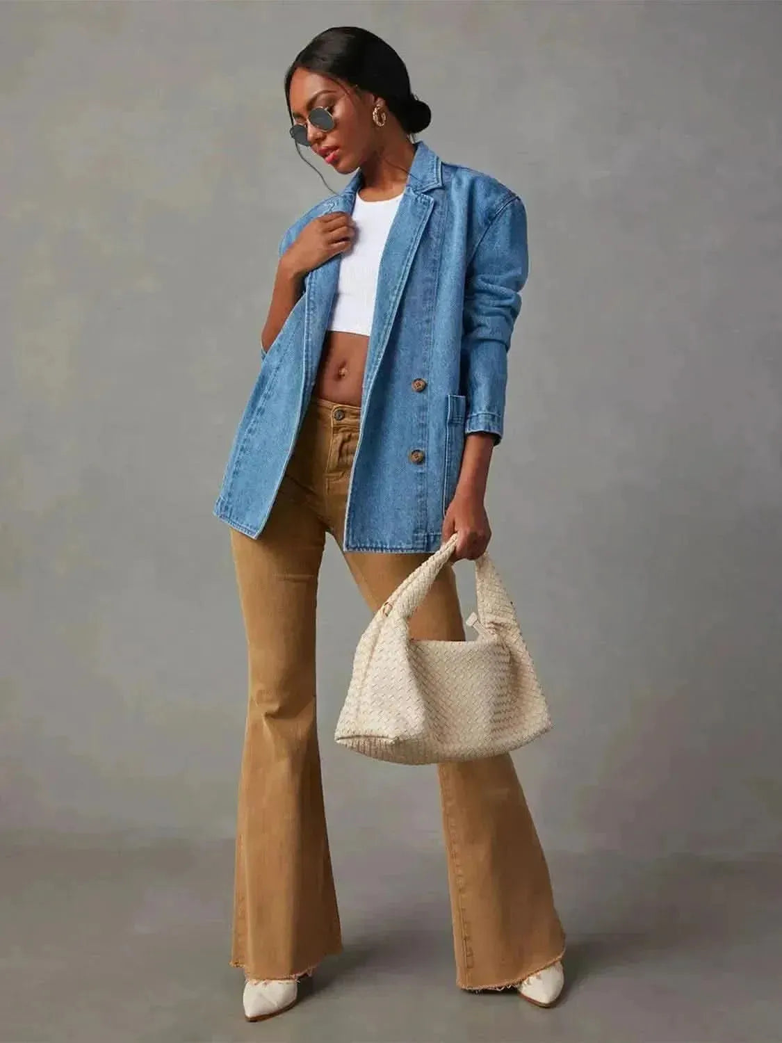 Collared Neck Long Sleeve Denim Jacket - Bad Moms Club